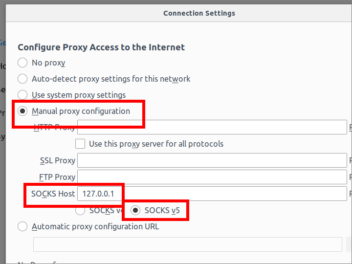 Firefox manual proxy configuration SOCKS v5 on 127.0.0.1